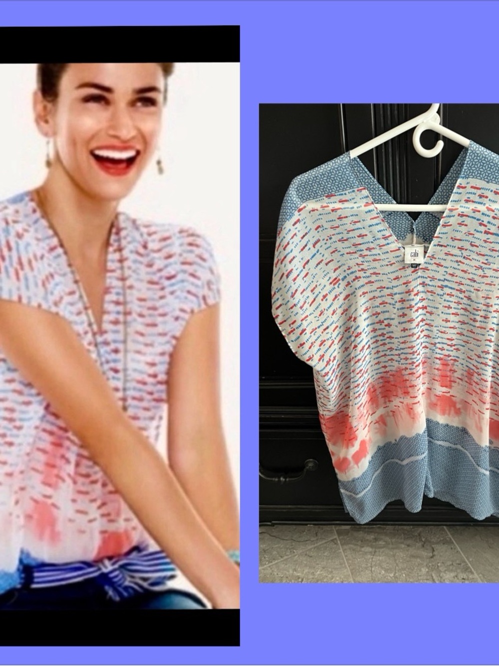 CAbi Coral, Blue & White V-Neck Cap Sleeve Blouse